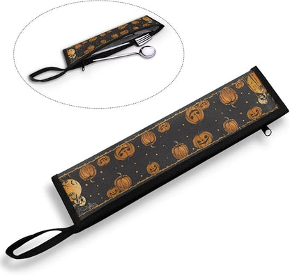 Portable Travel Tableware Box Halloween Pumpkins Skulls Flatware Storage Box Case Travel Utensils Cutlery Case with Bag for Fork Spoon Chopsticks