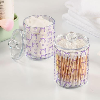2 Pack Apothecary Jars Purple Bow Love Qtip Holder Organizer Clear Airtight Container for Cotton Swabs Food Storage 14oz Plastic Jars with Lids