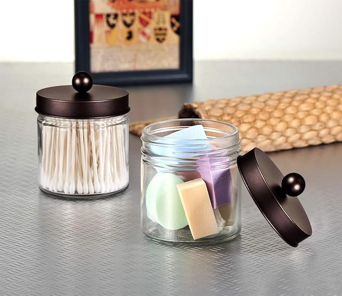 SheeChung Bathroom Organizers and Storage - 2Pack Qtip Holders Bathroom Canister Apothecary Jars for Cotton Swabs, Rounds, Balls, Qtips,Makeup Sponges, Flossers,Bath Salts - Bronze