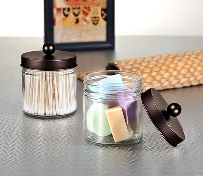 SheeChung Bathroom Organizers and Storage - 2Pack Qtip Holders Bathroom Canister Apothecary Jars for Cotton Swabs, Rounds, Balls, Qtips,Makeup Sponges, Flossers,Bath Salts - Bronze