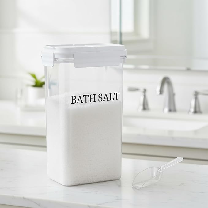 Bath Salt Jar, 78 oz Plastic Bath Salt Container with Scoop, Airtight Storage with Locking Lids, Stackable Clear Canister for Epsom Salt, Bathtub Accessories