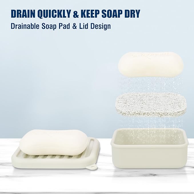 Superior Leak-Proof Silicone Travel Soap Case with Drainage Lid/Layer, Compact Bar Soap Container, Durable Soap Holder for Camping, Gym, and Travel Size Toiletries (Off-White)