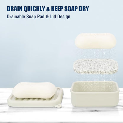 Superior Leak-Proof Silicone Travel Soap Case with Drainage Lid/Layer, Compact Bar Soap Container, Durable Soap Holder for Camping, Gym, and Travel Size Toiletries (Off-White)