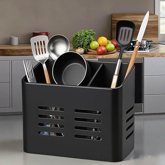 Kitchen Utensil Holder for countertop, 2 Compartment Caddy & Organizer for Drying Cooking Spoons Utility Sturdy Home Kitchen Daily Use Utensil Drainer (Black)