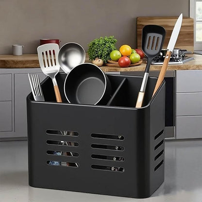 Kitchen Utensil Holder for countertop, 2 Compartment Caddy & Organizer for Drying Cooking Spoons Utility Sturdy Home Kitchen Daily Use Utensil Drainer (Black)