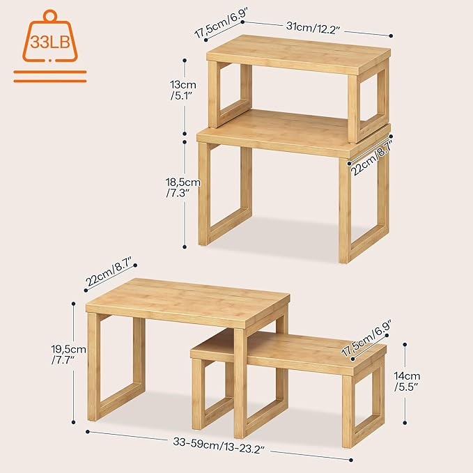 HOOBRO Cabinet Organizer Shelf, Set of 4 Kitchen Counter Shelves, Expandable Kitchen Storage, Stackable Bamboo Spice Rack, for Countertop, Office Desk, Living Room, Natural YL20TLP201