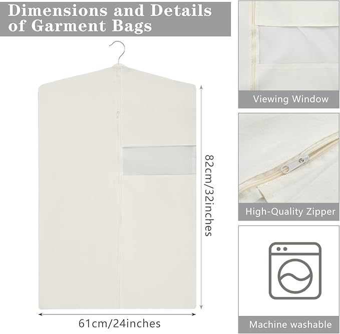 Aliceset 6 Pcs 32 Inches Cotton Garment Bags for Hanging Clothes, Canvas Suit Bags for Clothes Coats Jackets Shirts Closet Storage Travel Gusseted Hanging Garment Cover