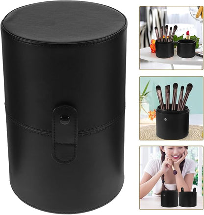 Portable Makeup Brush Holder with Lid - Elegant Pu Leather Makeup Bag Black Brush Organizer for Travel Compact Storage Bucket with Buckle Protective Lid, Easy to Clean, 7.9in X 5.19in