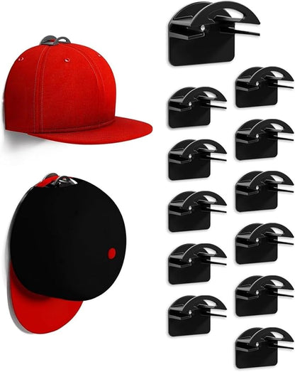 Adhesive Hat Hooks for Wall - 2 Different Ways Hat Racks to Organize & Display Baseball Caps, Hat Wall Hanger, Hat Organizer Rack for Men (Black, 12 Pack)
