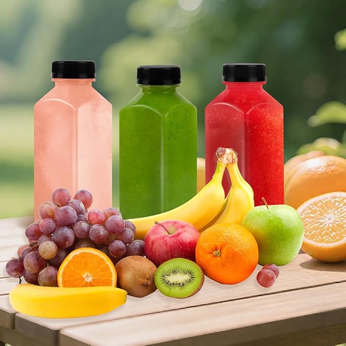 10 Pcs 12oz Plastic Juice Bottles With Caps, Reusable Food Grade Chear Juice Containers for Juicing, Smoothies, Coffee, and Other Beverages
