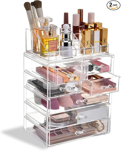 Clear Makeup Organizer with Brush Holder, Large Acrylic Cosmetic Display Jewelry & Make Up Organizers and Storage for Vanity, Bathroom (3 Large, 4 Small Drawers, Clear)