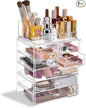 Clear Makeup Organizer with Brush Holder, Large Acrylic Cosmetic Display Jewelry & Make Up Organizers and Storage for Vanity, Bathroom (3 Large, 4 Small Drawers, Clear)