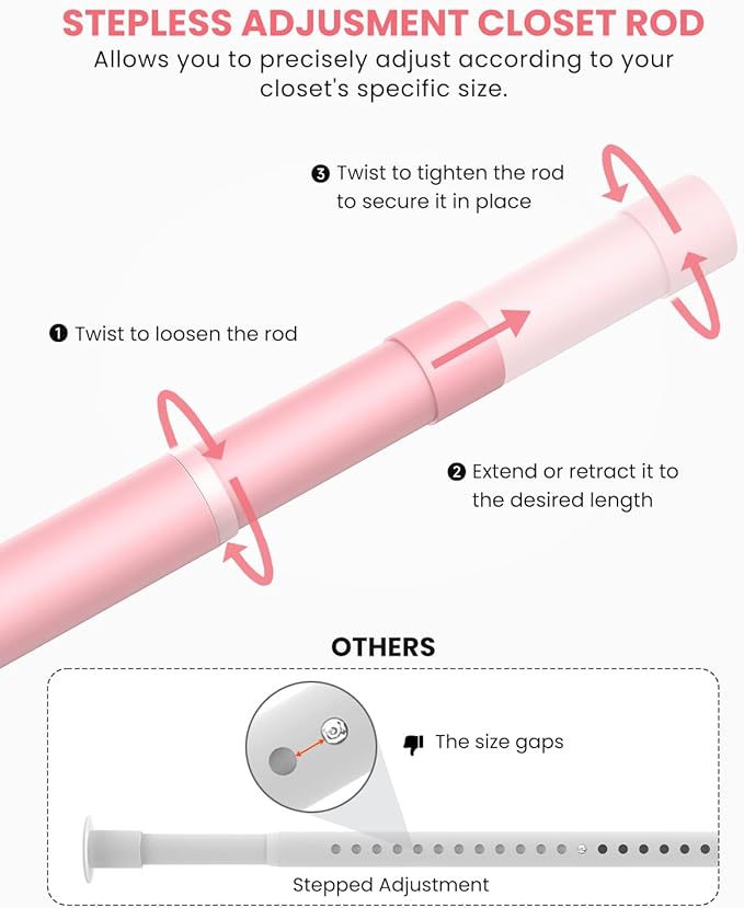 Supforce Closet Rods for Hanging Clothes, 17 to 84 Inches Stepless Adjustable Metal Closet Rod, 1.3 Inches Heavy Duty Clothes Hanging Rod for Closet Wardrobes Laundry RV, Pink