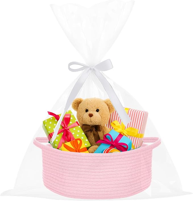 ShellKingdom Storage Basket with Handles, Empty Gift Basket for Christmas with Gift Bags and Ribbon, Small Woven Baskets for Home, Nursery Storage Organizer, 12 X 8 X 5 INCH Pink