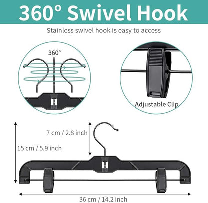 True Black Plastic Pant Skirt Hangers 20 Pack, with Plastic Clips and Steel Wire, All Black Finish 14inch