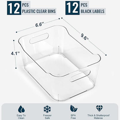 12 PACK Multiuse Clear Plastic Storage Bins for Organizing w/ Labels - Home, Kitchen, Bathroom, Office, Pantry Cabinet Shelf Organizer Bins - SOHO Collection, RV, Fridge Organization Containers