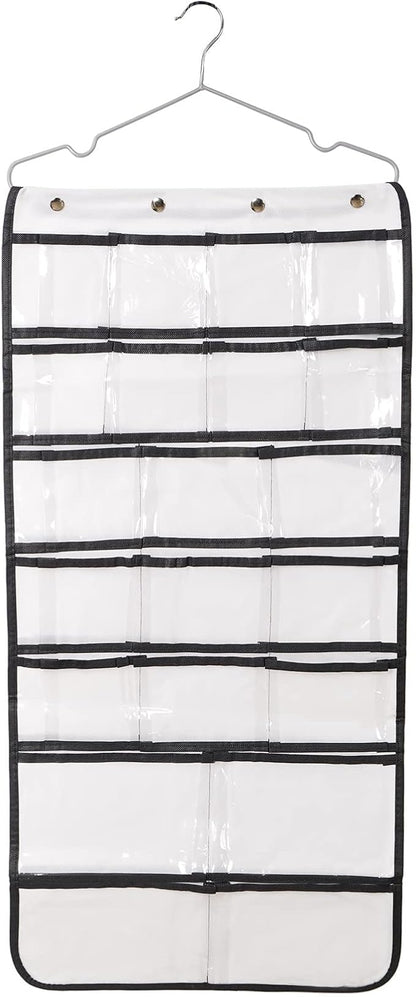 Closet Hanging Organizer, Dual Sided Hanging Wardrobe Storage Bags, 42 Clear Pockets Storage Hanger for Jewelry Socks Underwear (White)