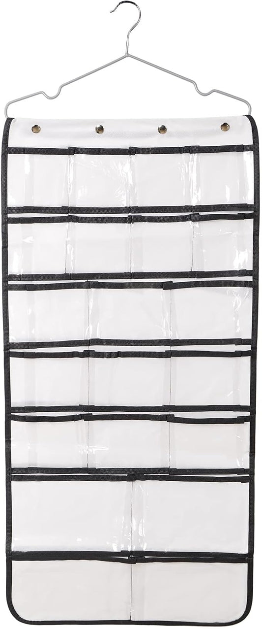 Closet Hanging Organizer, Dual Sided Hanging Wardrobe Storage Bags, 42 Clear Pockets Storage Hanger for Jewelry Socks Underwear (White)