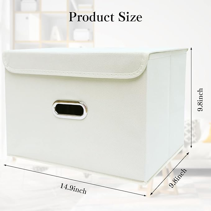 STOREONE Fabric Storage Cube Bins Foldable Organizer Container Collapsible Basket with Lids and Metal Handles, for Home, Bedroom, Closet 3 Pcs (Creamy-White)