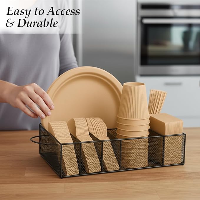 6 Compartment Metal Paper Plate Organizer Caddy for Countertop – Paper Plate & Utensil Holder for Parties, Buffet, Camping, Kitchen Organization & Outdoor Events