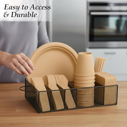 6 Compartment Metal Paper Plate Organizer Caddy for Countertop – Paper Plate & Utensil Holder for Parties, Buffet, Camping, Kitchen Organization & Outdoor Events