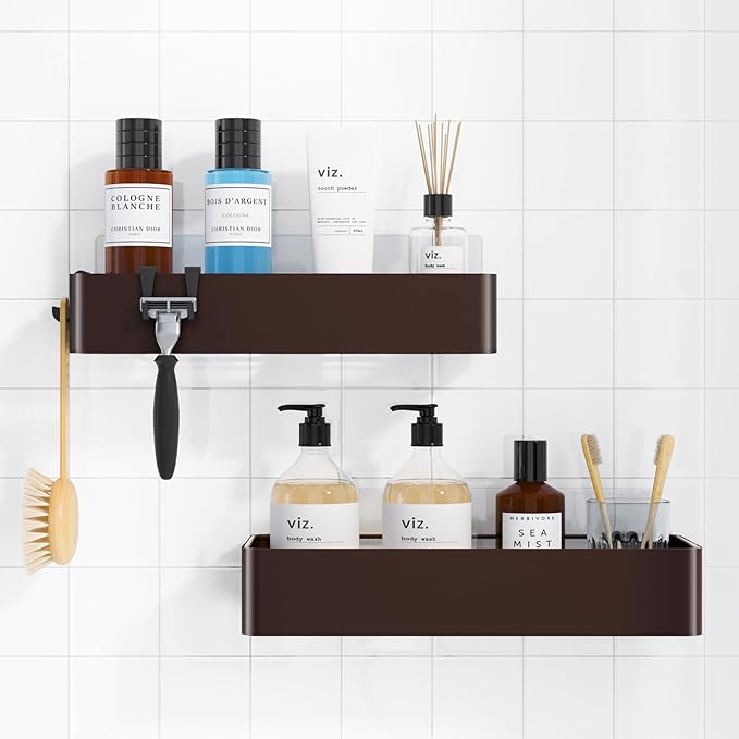 Kitsure Shower Caddy - 2 Pack Adhesive Shower Organizer, Rustproof Metal Shelves, No-Drill Bathroom Organizers and Storage, Brown, Large