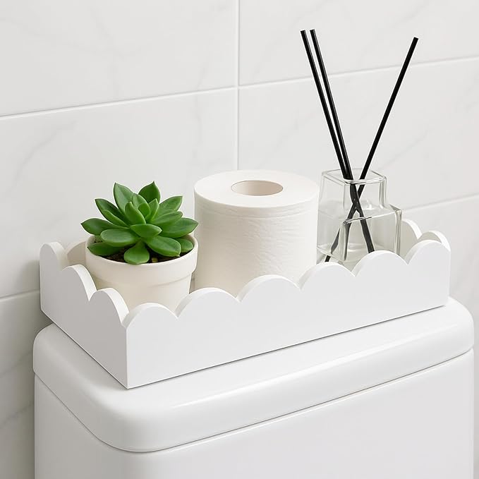 AceOrbit Toilet Paper Basket Storage Scalloped Wooden Toilet Tank Tray Topper Farmhouse White Bathroom Storage Organizer for Bedroom Vanity Kitchen Countertop Dresser Shelf Table Home Decor