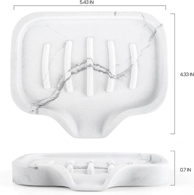 Self Draining Soap Dish for Shower and Bathroom Sink - Large Marble Resin Soap Holder with Drain, Non Slip Soap Tray for Bar Soap, Kitchen & Bathroom Counter