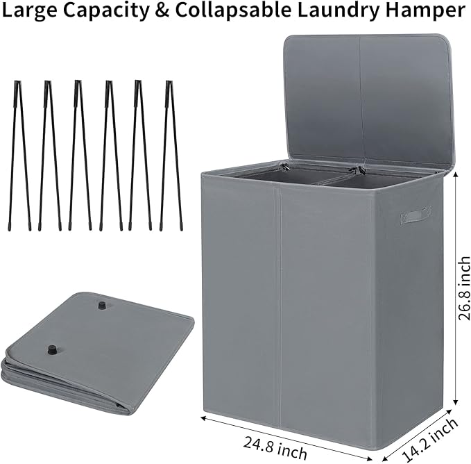 WOWLIVE 154L Double Laundry Hamper with Lid and Removable Laundry Bags, Large Dirty Clothes Hamper 2 section Collapsible Laundry Basket Dorm Room Storage for Bedroom, Bathroom, College,Grey