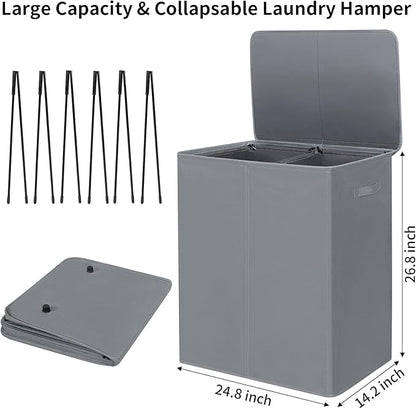 WOWLIVE 154L Double Laundry Hamper with Lid and Removable Laundry Bags, Large Dirty Clothes Hamper 2 section Collapsible Laundry Basket Dorm Room Storage for Bedroom, Bathroom, College,Grey