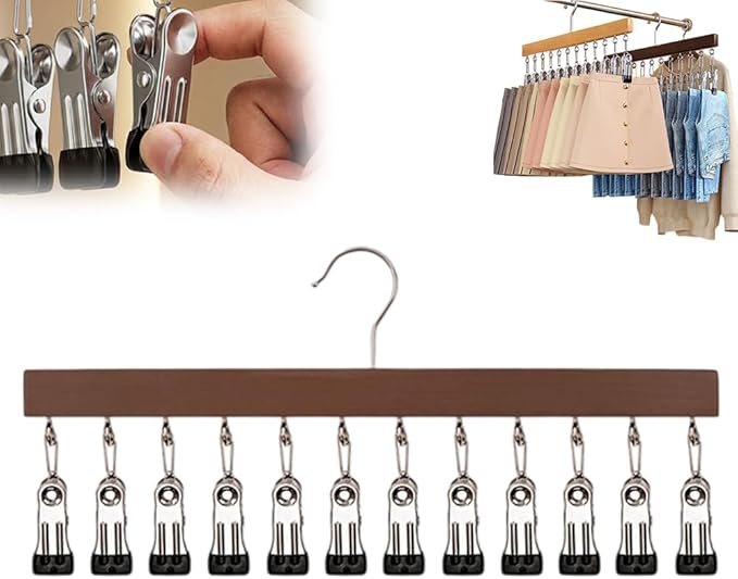 Closet Organizer with 10 Clips, Space Saving Hanging Closet Organizer, Space-Saving Hat Scarf Clothespins for Jeans Skirts Socks Pant Hangers with Clips (1, Dark-12 Clamps)