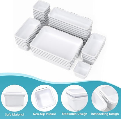 33 PCS Drawer Organizer Set, 4 Size Makeup Drawer Divider Organizer With Non-Slip Pads, Interlocking Plastic Storage Bins for Office,Jewelry Vanity,Gadgets, Bathroom,Kitchen, White