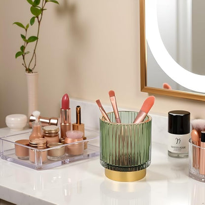 Green Makeup Brush Holder, Glass Toothbrush Holders for Bathrooms, Gold Pen Holder for Desk, Vintage Make Up Brush Holder Vanity Organizer for Brushes, Lipstick, Eyebrow Pencil
