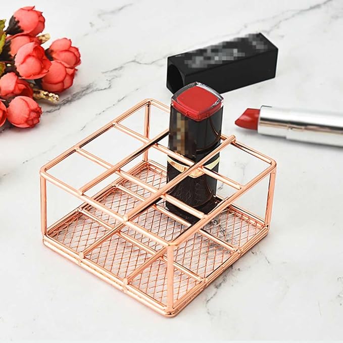 Teensery Metal Wire Lipstick Organizer Rose Gold Lip Gloss Display Stand 9 Slots Lip Stick Storage Holder Makeup Brush Organizer for Cosmetic Makeup and Dresser Display (1 Piece)