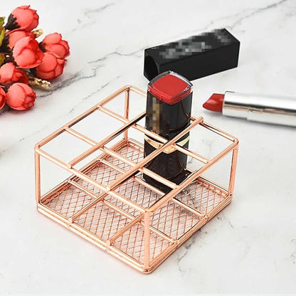 Teensery Metal Wire Lipstick Organizer Rose Gold Lip Gloss Display Stand 9 Slots Lip Stick Storage Holder Makeup Brush Organizer for Cosmetic Makeup and Dresser Display (1 Piece)