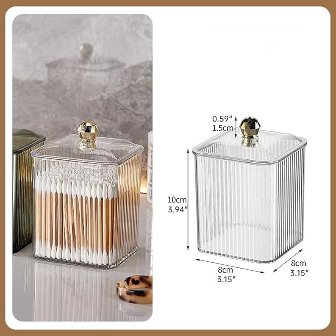Clear Qtip Holder Dispenser for Cotton Ball and Swab Plastic with Lid Translucent Square Shape Canister Cube Jar for Bathroom Living Room Bedroom Vanity Makeup Organization (Tranparent*2)