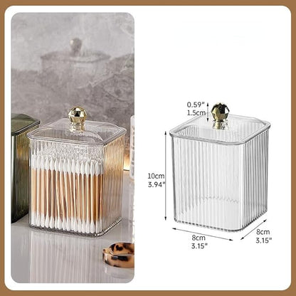 Clear Qtip Holder Dispenser for Cotton Ball and Swab Plastic with Lid Translucent Square Shape Canister Cube Jar for Bathroom Living Room Bedroom Vanity Makeup Organization (Tranparent*2)