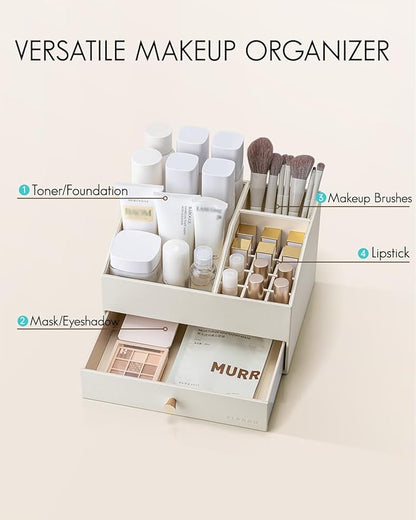 VLANDO Makeup Organzier,Vanity Organizer with Drawers, PU Leather Skincare Organizer Perfume Organizer,Large Cosmetic Display Case for Lipstick,Brushes Gifts for Women-Beige