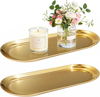 Gold Tray, Vanity Trays for Bathroom and Dresser Counter, 12" 2 Pack