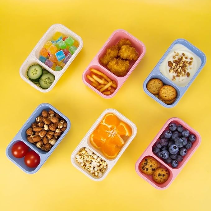 DOSEWART 6Pack 2-Compartment Reusable Snack Containers with Lids, Wheat Straw Reusable Snack Packs for Meal Prep Food Storage On-the-Go Snacking