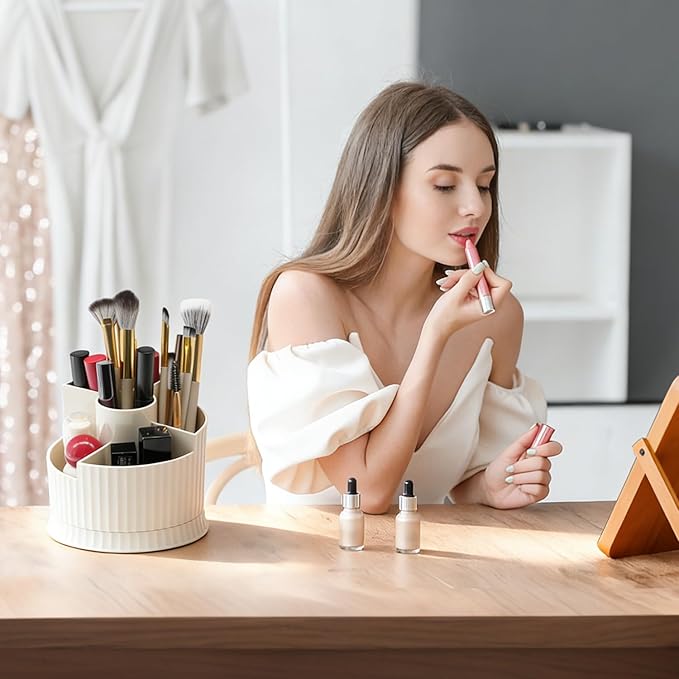 360° Rotating Makeup Brush Holder Organizer, 5 Slot Make up Brushes Cup for Cosmetics, Nail Polish, Art Supply, Skincare, Perfume, Bathroom Vanity Desktop Organizer - Creamy white