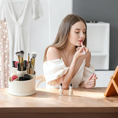 360° Rotating Makeup Brush Holder Organizer, 5 Slot Make up Brushes Cup for Cosmetics, Nail Polish, Art Supply, Skincare, Perfume, Bathroom Vanity Desktop Organizer - Creamy white
