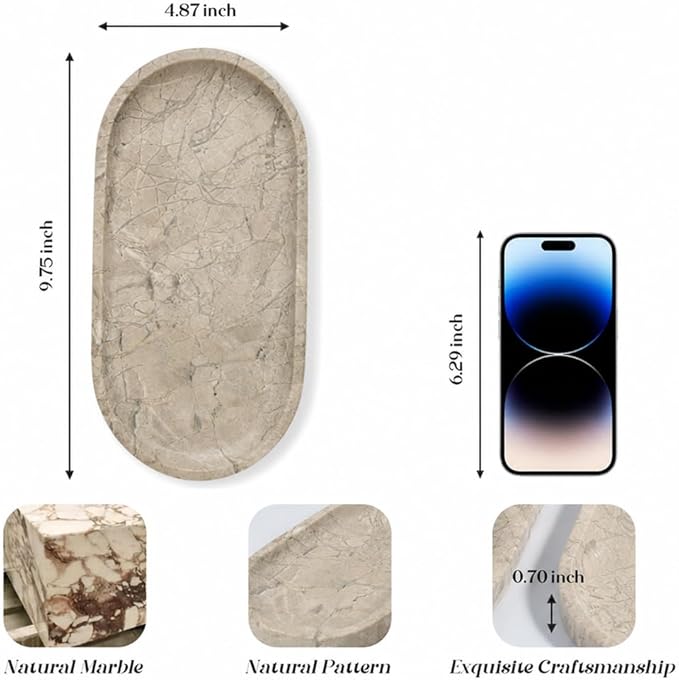 Koville Natural Silver Pearl Marble Decorative Tray, 10" x 5" Marble Vanity Tray for Bathroom Countertop Organizer Stone Trays, Catchall Tray Stone Plate for Perfume, Candles, Jewelry