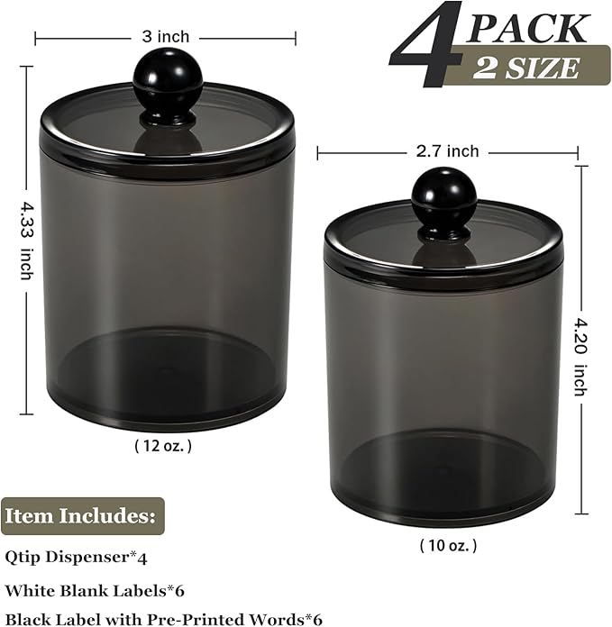 SheeChung 4-Pack Qtip Holder,Mixed Sizes Black Acrylic Apothecary Jars with Lids - (2) 12oz & (2) 10oz Qtip Holder Set - Shatterproof Bathroom Vanity Organizer for Cotton Swabs,Balls,Pads