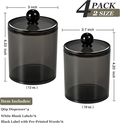 SheeChung 4-Pack Qtip Holder,Mixed Sizes Black Acrylic Apothecary Jars with Lids - (2) 12oz & (2) 10oz Qtip Holder Set - Shatterproof Bathroom Vanity Organizer for Cotton Swabs,Balls,Pads