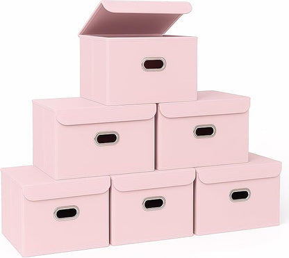 STOREONE Fabric Storage Cube Bins Foldable Organizer Container Collapsible Basket with Lids and Metal Handles, for Home, Bedroom, Closet 6 Pcs (multicolour-light pink)