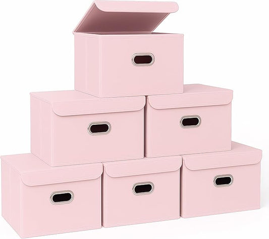 STOREONE Fabric Storage Cube Bins Foldable Organizer Container Collapsible Basket with Lids and Metal Handles, for Home, Bedroom, Closet 6 Pcs (multicolour-light pink)