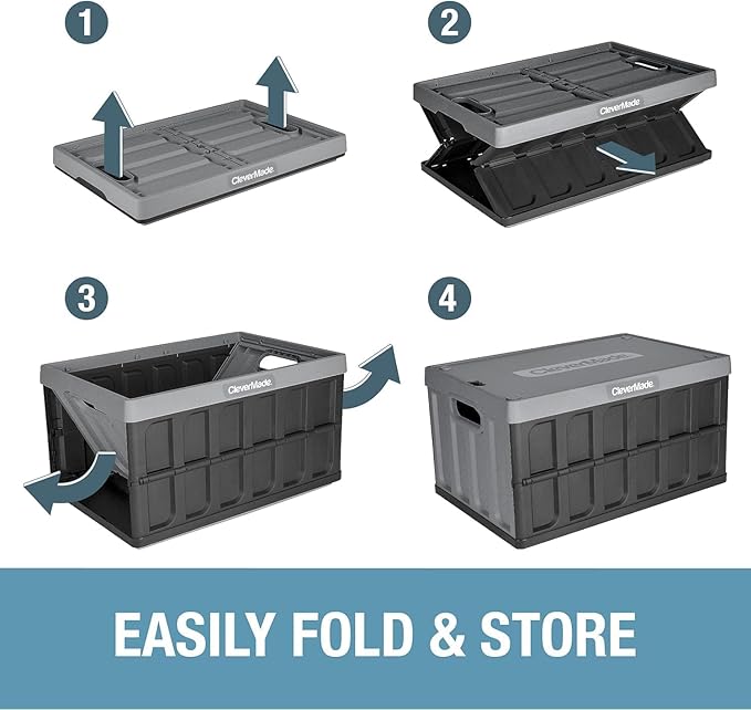 CleverMade Collapsible Storage Bins with Lids, 62L – Heavy Duty Foldable Plastic Storage Crates for Garage, Closet & Trunk Organization - Stone