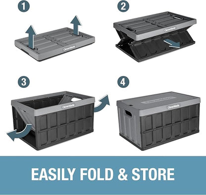 CleverMade Collapsible Storage Bins with Lids, 62L – Heavy Duty Foldable Plastic Storage Crates for Garage, Closet & Trunk Organization - Stone
