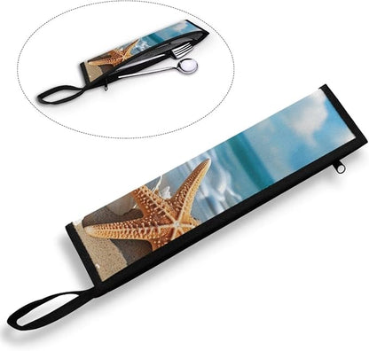 Sandbeach Starfish Print Reusable Travel Tableware Carrying Bag Storage Case Cutlery Flatware Organziers for Straw Spoon Fork Chopsticks Portable Utensil Holder